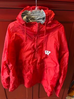 Steve & Barry's Red Wisconsin Hooded Windbreaker with Gray Lining - Size Small